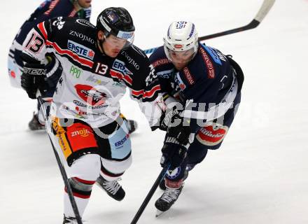 EBEL. Eishockey Bundesliga. EC VSV gegen HC Orli Znojmo. Brock McBride,  (VSV), Yellow Horn (Znojmo). Villach, am 27.9.2015.
Foto: Kuess 


---
pressefotos, pressefotografie, kuess, qs, qspictures, sport, bild, bilder, bilddatenbank