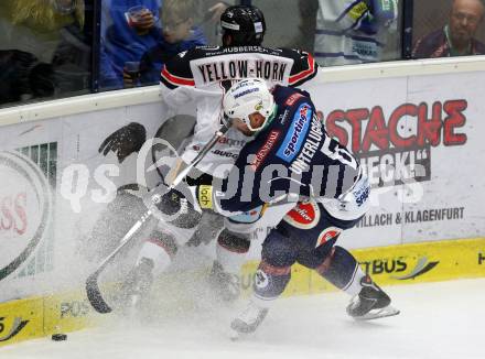 EBEL. Eishockey Bundesliga. EC VSV gegen HC Orli Znojmo. Gerhard Unterluggauer,  (VSV), Yellow Horn (Znojmo). Villach, am 27.9.2015.
Foto: Kuess 


---
pressefotos, pressefotografie, kuess, qs, qspictures, sport, bild, bilder, bilddatenbank