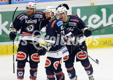 EBEL. Eishockey Bundesliga. EC VSV gegen HC Orli Znojmo. Torjubel Benjamin Petrik, Stefan Bacher, Matt Kelly (VSV). Villach, am 27.9.2015.
Foto: Kuess 


---
pressefotos, pressefotografie, kuess, qs, qspictures, sport, bild, bilder, bilddatenbank