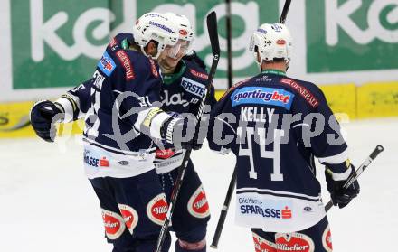 EBEL. Eishockey Bundesliga. EC VSV gegen HC Orli Znojmo. Torjubel Benjamin Petrik, Stefan Bacher, Matt Kelly (VSV). Villach, am 27.9.2015.
Foto: Kuess 


---
pressefotos, pressefotografie, kuess, qs, qspictures, sport, bild, bilder, bilddatenbank