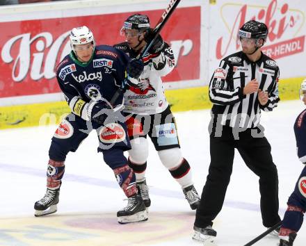 EBEL. Eishockey Bundesliga. EC VSV gegen HC Orli Znojmo. Patrick Platzer, (VSV), Patrik Novak (Znojmo). Villach, am 27.9.2015.
Foto: Kuess 


---
pressefotos, pressefotografie, kuess, qs, qspictures, sport, bild, bilder, bilddatenbank