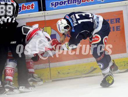 EBEL. Eishockey Bundesliga. EC VSV gegen KAC. Ziga Pance, (VSV), Jason Desantis  (KAC). Villach, am 10.11.2015.
Foto: Kuess 


---
pressefotos, pressefotografie, kuess, qs, qspictures, sport, bild, bilder, bilddatenbank