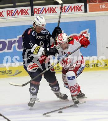 EBEL. Eishockey Bundesliga. EC VSV gegen KAC. Stefan Bacher,  (VSV), Jamie Lundmark (KAC). Villach, am 10.11.2015.
Foto: Kuess 


---
pressefotos, pressefotografie, kuess, qs, qspictures, sport, bild, bilder, bilddatenbank