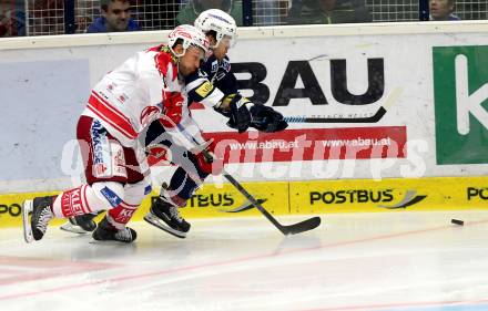 EBEL. Eishockey Bundesliga. EC VSV gegen KAC. Brock McBride,  (VSV), Thomas Koch (KAC). Villach, am 10.11.2015.
Foto: Kuess 


---
pressefotos, pressefotografie, kuess, qs, qspictures, sport, bild, bilder, bilddatenbank