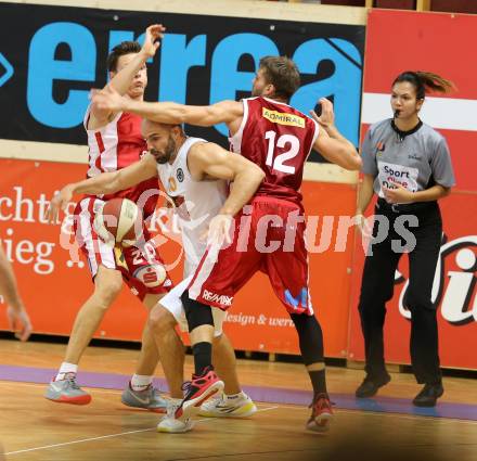 Basketball 2. Bundesliga 2015/16 Grunddurchgang 3.Runde. Woerthersee Piraten gegen Dragons St. Poelten. Joachim Buggelsheim,  (Piraten), Martin Speiser, Lukas Boeck (St. Poelten). Klagenfurt, am 3.10.2015.
Foto: Kuess
---
pressefotos, pressefotografie, kuess, qs, qspictures, sport, bild, bilder, bilddatenbank