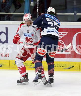 EBEL. Eishockey Bundesliga. EC VSV gegen KAC. Florian Muehlstein, (VSV), Daniel Ban (KAC). Villach, am 10.11.2015.
Foto: Kuess 


---
pressefotos, pressefotografie, kuess, qs, qspictures, sport, bild, bilder, bilddatenbank