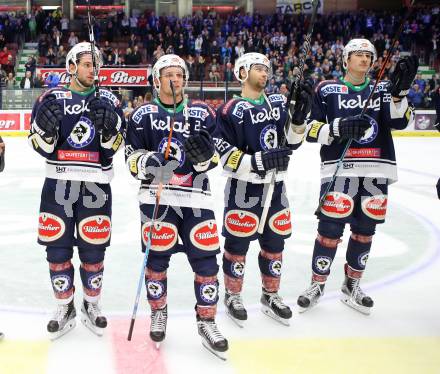 EBEL. Eishockey Bundesliga. EC VSV gegen KAC. Jubel Benjamin Petrik, Nico Brunner, David Kreuter, Adis Alagic (VSV). Villach, am 10.11.2015.
Foto: Kuess 


---
pressefotos, pressefotografie, kuess, qs, qspictures, sport, bild, bilder, bilddatenbank