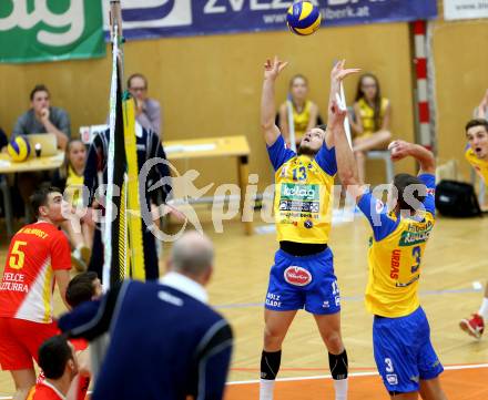 Volleyball. MEVZA. Aich/Dob gegen Mladost ZAGREB. Thaller Maximilian,   Hruska Michal (Aich/Dob). Bleiburg, 14.10.2015.
Foto: Kuess
---
pressefotos, pressefotografie, kuess, qs, qspictures, sport, bild, bilder, bilddatenbank