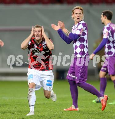 Fussball Sky go Erste Liga. SK Austria Klagenfurt gegen LASK Linz.    Dominic Puercher,  (Klagenfurt), Manuel Kerhe (Linz). Klagenfurt, am 16.10.2015.
Foto: Kuess
---
pressefotos, pressefotografie, kuess, qs, qspictures, sport, bild, bilder, bilddatenbank