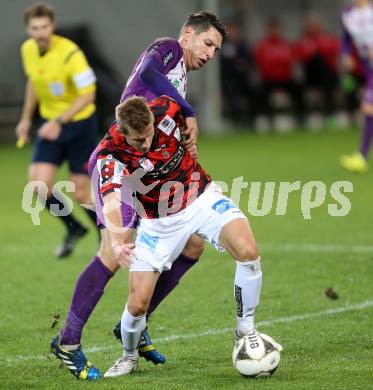 Fussball Sky go Erste Liga. SK Austria Klagenfurt gegen LASK Linz.    Bernd Kager, (Klagenfurt), Thomas Hinum  (Linz). Klagenfurt, am 16.10.2015.
Foto: Kuess
---
pressefotos, pressefotografie, kuess, qs, qspictures, sport, bild, bilder, bilddatenbank