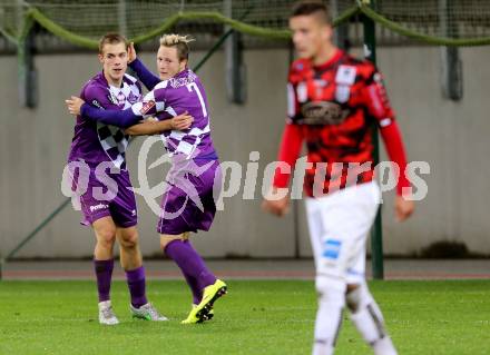 Fussball Sky go Erste Liga. SK Austria Klagenfurt gegen LASK Linz.    Torjubel Patrik Eler, Fabian Miesenboeck (Klagenfurt). Klagenfurt, am 16.10.2015.
Foto: Kuess
---
pressefotos, pressefotografie, kuess, qs, qspictures, sport, bild, bilder, bilddatenbank