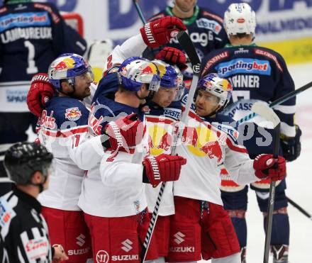 EBEL. Eishockey Bundesliga. EC VSV gegen EC Red Bull Salzburg. Torjubel Ben Walter, Brian Fahey, Pehr Ledin (Salzburg). Villach, am 20.10.2015.
Foto: Kuess 


---
pressefotos, pressefotografie, kuess, qs, qspictures, sport, bild, bilder, bilddatenbank