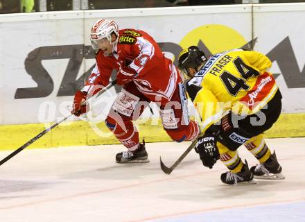 EBEL. Eishockey Bundesliga. KAC gegen UPC Vienna Capitals. Jamie Lundmark, (KAC), Jamie Fraser  (Caps). Klagenfurt, am 23.10.2015.
Foto: Kuess

---
pressefotos, pressefotografie, kuess, qs, qspictures, sport, bild, bilder, bilddatenbank