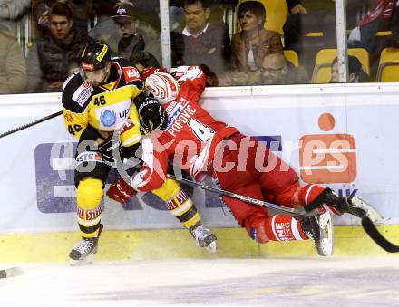 EBEL. Eishockey Bundesliga. KAC gegen UPC Vienna Capitals. Mark Popovic,  (KAC), Matthew Dzieduszycki (Caps). Klagenfurt, am 23.10.2015.
Foto: Kuess

---
pressefotos, pressefotografie, kuess, qs, qspictures, sport, bild, bilder, bilddatenbank