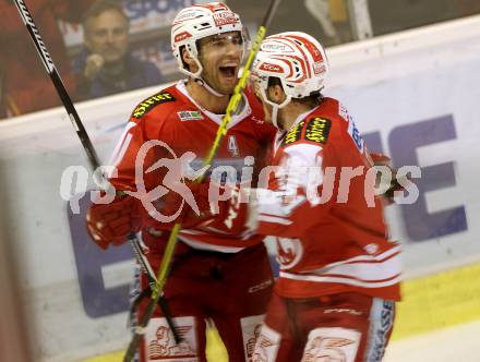 EBEL. Eishockey Bundesliga. KAC gegen UPC Vienna Capitals. Torjubel Mark Popovic, Manuel Geier (KAC). Klagenfurt, am 23.10.2015.
Foto: Kuess

---
pressefotos, pressefotografie, kuess, qs, qspictures, sport, bild, bilder, bilddatenbank