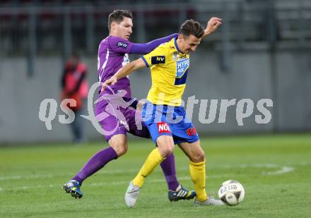 Fussball Sky go Erste Liga. SK Austria Klagenfurt gegen SKN St. Poelten.    Bernd Kager, (Klagenfurt), Florian Mader  (St. Poelten). Klagenfurt, am 16.10.2015.
Foto: Kuess
---
pressefotos, pressefotografie, kuess, qs, qspictures, sport, bild, bilder, bilddatenbank