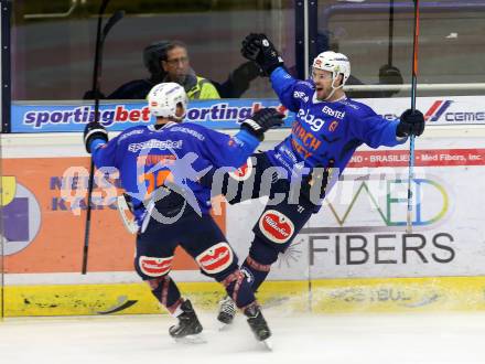 EBEL. Eishockey Bundesliga. EC VSV gegen Moser Medical Graz 99ers.  Torjubel Nico Brunner, Rick Schofield (VSV). Villach, am 30.10.2015.
Foto: Kuess 


---
pressefotos, pressefotografie, kuess, qs, qspictures, sport, bild, bilder, bilddatenbank