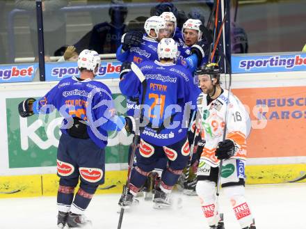 EBEL. Eishockey Bundesliga. EC VSV gegen Moser Medical Graz 99ers.  Torjubel Rick Schofield, Nico Brunner, Ziga Pance, Benjami Petrik, Daniel Schlacher (VSV). Villach, am 30.10.2015.
Foto: Kuess 


---
pressefotos, pressefotografie, kuess, qs, qspictures, sport, bild, bilder, bilddatenbank