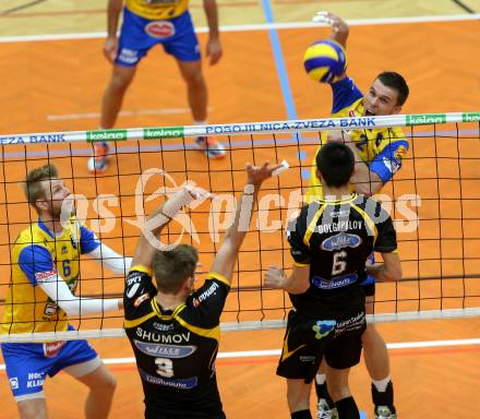 Volleyball. CEV Cup. SK Aich/Dob gegen Hurrikaani Loimaa (FIN). Wohlfahrtstaetter Peter, Krasnevski Kiryll (Aich/Dob). Bleiburg, 4.11.2015.
Foto: Kuess
---
pressefotos, pressefotografie, kuess, qs, qspictures, sport, bild, bilder, bilddatenbank