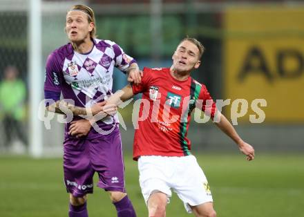 Fussball Sky go Erste Liga. SK Austria Klagenfurt gegen FC Wacker Innsbruck. Dominic Puercher,  (Klagenfurt), Alexander Gruendler (Innsbruck). Klagenfurt, am 6.11.2015.
Foto: Kuess
---
pressefotos, pressefotografie, kuess, qs, qspictures, sport, bild, bilder, bilddatenbank