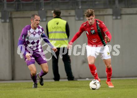 Fussball Sky go Erste Liga. SK Austria Klagenfurt gegen FC Wacker Innsbruck. Christian Prawda,  (Klagenfurt), Florian Jamnig (Innsbruck). Klagenfurt, am 6.11.2015.
Foto: Kuess
---
pressefotos, pressefotografie, kuess, qs, qspictures, sport, bild, bilder, bilddatenbank