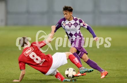 Fussball Sky go Erste Liga. SK Austria Klagenfurt gegen FC Wacker Innsbruck. Eric Zachhuber,  (Klagenfurt), Andreas Hoelzl (Innsbruck). Klagenfurt, am 6.11.2015.
Foto: Kuess
---
pressefotos, pressefotografie, kuess, qs, qspictures, sport, bild, bilder, bilddatenbank