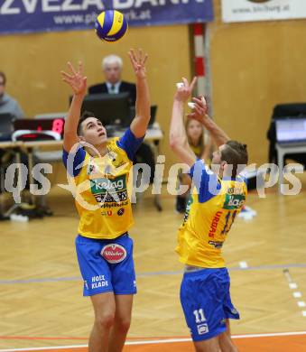 Volleyball. CEV Cup. SK Aich/Dob gegen Hurrikaani Loimaa (FIN). Palgut Filip, Koncilja Danijel (Aich/Dob). Bleiburg, 4.11.2015.
Foto: Kuess
---
pressefotos, pressefotografie, kuess, qs, qspictures, sport, bild, bilder, bilddatenbank