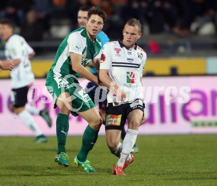 Fussball tipico Bundesliga. RZ Pellets WAC gegen SV Mattersburg. Christoph Rabitsch,  (WAC), Alexander Ibser (Mattersburg). Wolfsberg, am 7.11.2015.
Foto: Kuess
---
pressefotos, pressefotografie, kuess, qs, qspictures, sport, bild, bilder, bilddatenbank