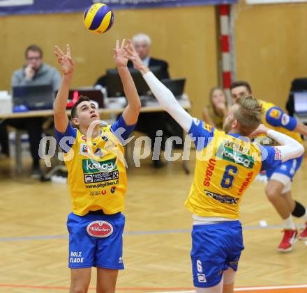 Volleyball. CEV Cup. SK Aich/Dob gegen Hurrikaani Loimaa (FIN). Palgut Filip,  Wohlfahrtstaetter Peter (Aich/Dob). Bleiburg, 4.11.2015.
Foto: Kuess
---
pressefotos, pressefotografie, kuess, qs, qspictures, sport, bild, bilder, bilddatenbank