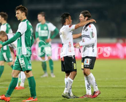 Fussball tipico Bundesliga. RZ Pellets WAC gegen SV Mattersburg. Jubel Stephan Palla, Nemanja Rnic (WAC). Wolfsberg, am 7.11.2015.
Foto: Kuess
---
pressefotos, pressefotografie, kuess, qs, qspictures, sport, bild, bilder, bilddatenbank