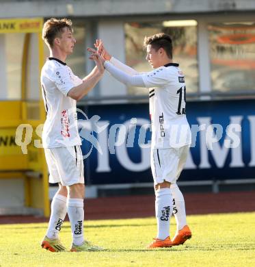 Fussball Regionalliga. RZ Pellets WAC Amateure gegen Annabichler SV.  Torjubel Marc Andre Schmerboeck, Fabio Sebastian Miklautz (WAC). Wolfsberg, Lavanttal Arena, am 8.11.2015.
Foto: Kuess
---
pressefotos, pressefotografie, kuess, qs, qspictures, sport, bild, bilder, bilddatenbank