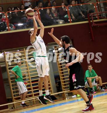 Basketball 2. Bundesliga 2015/16 Grunddurchgang 8.Runde.  KOÅ  Celovec	gegen Mattersburg Rocks. Jakob Strazar (KOS), Michael Mach (Mattersburg). Klagenfurt, am 7.11.2015.
Foto: Kuess
---
pressefotos, pressefotografie, kuess, qs, qspictures, sport, bild, bilder, bilddatenbank