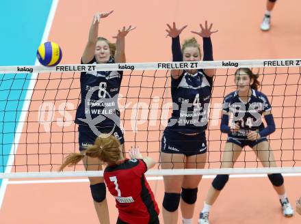 Volleyball Bundesliga. ATSC Wildcats gegen Salzburg. Katharina Holzer, Sabrina Mueller (Wildcats). Bleiburg, am 12.11.2015.
Foto: Kuess
---
pressefotos, pressefotografie, kuess, qs, qspictures, sport, bild, bilder, bilddatenbank