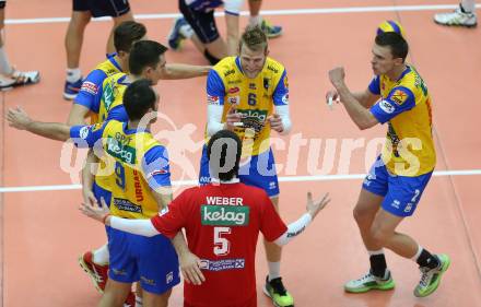 Volleyball BUndesliga. SK Posojilnica Aich/Dob gegen Hypo Tirol VT.  Jubel (Aich/Dob). Bleiburg, am 12.11.2015.
Foto: Kuess
---
pressefotos, pressefotografie, kuess, qs, qspictures, sport, bild, bilder, bilddatenbank