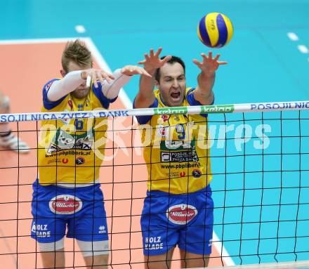 Volleyball BUndesliga. SK Posojilnica Aich/Dob gegen Hypo Tirol VT.  Peter Wohlfahrtstaetter, Andrej Grut (Aich/Dob). Bleiburg, am 12.11.2015.
Foto: Kuess
---
pressefotos, pressefotografie, kuess, qs, qspictures, sport, bild, bilder, bilddatenbank