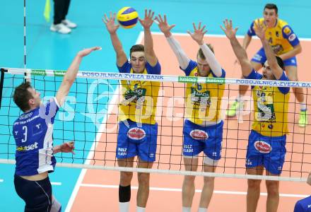 Volleyball BUndesliga. SK Posojilnica Aich/Dob gegen Hypo Tirol VT.  Peter Mlynarcik, Peter Wohlfahrtstaetter, Andrej Grut (Aich/Dob). Bleiburg, am 12.11.2015.
Foto: Kuess
---
pressefotos, pressefotografie, kuess, qs, qspictures, sport, bild, bilder, bilddatenbank