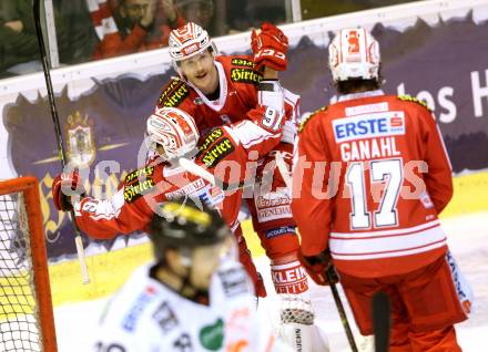 EBEL. Eishockey Bundesliga. KAC gegen 	Moser Medical Graz 99ers. Torjubel Patrick Harand, Stefan Geier, Manuel Ganahl (KAC). Klagenfurt, am 17.11.2015.
Foto: Kuess

---
pressefotos, pressefotografie, kuess, qs, qspictures, sport, bild, bilder, bilddatenbank