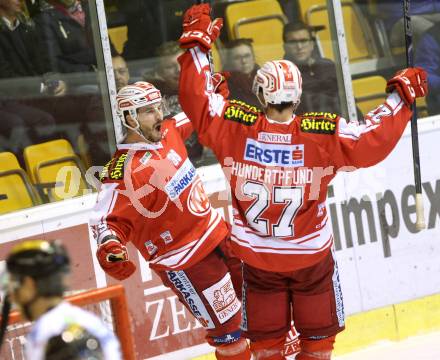 EBEL. Eishockey Bundesliga. KAC gegen 	Moser Medical Graz 99ers. torjubel Jean Francois Jacques, Thomas Hundertpfund, (KAC). Klagenfurt, am 17.11.2015.
Foto: Kuess

---
pressefotos, pressefotografie, kuess, qs, qspictures, sport, bild, bilder, bilddatenbank