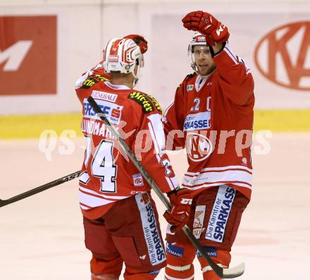 EBEL. Eishockey Bundesliga. KAC gegen 	VSV. Torjubel Thomas Poeck, Jamie Lundmark, (KAC). Klagenfurt, am 22.11.2015.
Foto: Kuess

---
pressefotos, pressefotografie, kuess, qs, qspictures, sport, bild, bilder, bilddatenbank