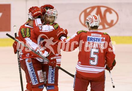 EBEL. Eishockey Bundesliga. KAC gegen 	VSV. Torjubel Thomas Poeck, Jamie Lundmark, Jason Desantis (KAC). Klagenfurt, am 22.11.2015.
Foto: Kuess

---
pressefotos, pressefotografie, kuess, qs, qspictures, sport, bild, bilder, bilddatenbank