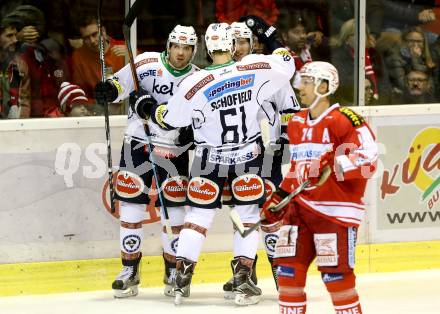 EBEL. Eishockey Bundesliga. KAC gegen 	VSV. Torjubel Valentin Leiler, Benjamin Petrik, Rick Schofield (VSV). Klagenfurt, am 22.11.2015.
Foto: Kuess

---
pressefotos, pressefotografie, kuess, qs, qspictures, sport, bild, bilder, bilddatenbank