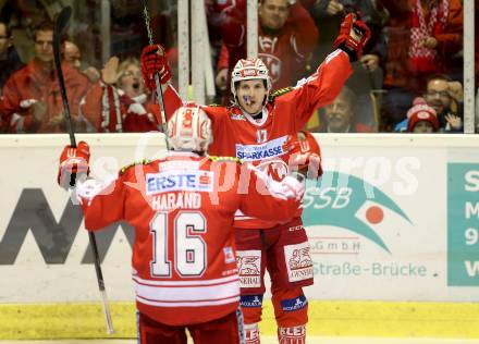 EBEL. Eishockey Bundesliga. KAC gegen 	VSV. Torjubel Manuel Ganahl, Patrick Harand (KAC). Klagenfurt, am 22.11.2015.
Foto: Kuess

---
pressefotos, pressefotografie, kuess, qs, qspictures, sport, bild, bilder, bilddatenbank