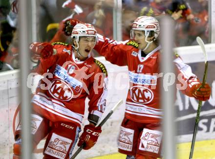 EBEL. Eishockey Bundesliga. KAC gegen 	VSV. Torjubel Patrick Harand, Manuel Ganahl (KAC). Klagenfurt, am 22.11.2015.
Foto: Kuess

---
pressefotos, pressefotografie, kuess, qs, qspictures, sport, bild, bilder, bilddatenbank