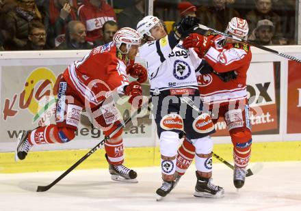 EBEL. Eishockey Bundesliga. KAC gegen 	VSV. Jonas Nordquist, Thomas Poeck,  (KAC), Brock McBride (VSV). Klagenfurt, am 22.11.2015.
Foto: Kuess

---
pressefotos, pressefotografie, kuess, qs, qspictures, sport, bild, bilder, bilddatenbank