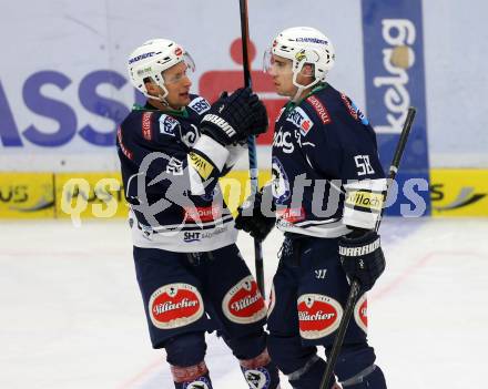 EBEL. Eishockey Bundesliga. EC VSV gegen Moser Medical Graz 99ers.  Torjubel Ryan McKiernan, Nico Brunner (VSV). Villach, am 24.11.2015.
Foto: Kuess 


---
pressefotos, pressefotografie, kuess, qs, qspictures, sport, bild, bilder, bilddatenbank