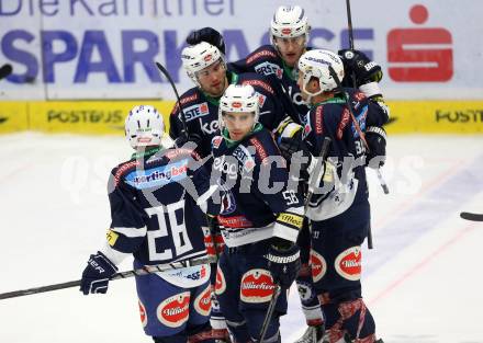 EBEL. Eishockey Bundesliga. EC VSV gegen Moser Medical Graz 99ers.  Torjubel Ryan McKiernan, Nico Brunner, Adis Alagic, Christian Jennes, Ruslan Gelfanov (VSV). Villach, am 24.11.2015.
Foto: Kuess 


---
pressefotos, pressefotografie, kuess, qs, qspictures, sport, bild, bilder, bilddatenbank