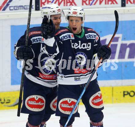 EBEL. Eishockey Bundesliga. EC VSV gegen Moser Medical Graz 99ers.  Torjubel Nico Brunner,  Ruslan Gelfanov (VSV). Villach, am 24.11.2015.
Foto: Kuess 


---
pressefotos, pressefotografie, kuess, qs, qspictures, sport, bild, bilder, bilddatenbank