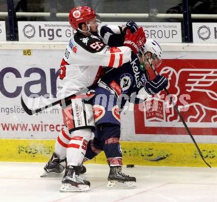 EBEL. Eishockey Bundesliga. EC VSV gegen HC TWK Innsbruck.	 .  Christian Jennes (VSV),  SCHAUS Nick (Innsbruck). Villach, am 29.11.2015.
Foto: Kuess 


---
pressefotos, pressefotografie, kuess, qs, qspictures, sport, bild, bilder, bilddatenbank