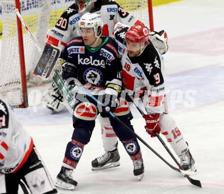 EBEL. Eishockey Bundesliga. EC VSV gegen HC TWK Innsbruck.	 .  Brock McBride, (VSV), Tyler Spurgeon  (Innsbruck). Villach, am 29.11.2015.
Foto: Kuess 


---
pressefotos, pressefotografie, kuess, qs, qspictures, sport, bild, bilder, bilddatenbank