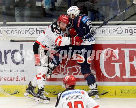 EBEL. Eishockey Bundesliga. EC VSV gegen HC TWK Innsbruck.	 .  Daniel Nageler, (VSV),  LIFFITON Dave (Innsbruck). Villach, am 29.11.2015.
Foto: Kuess 


---
pressefotos, pressefotografie, kuess, qs, qspictures, sport, bild, bilder, bilddatenbank